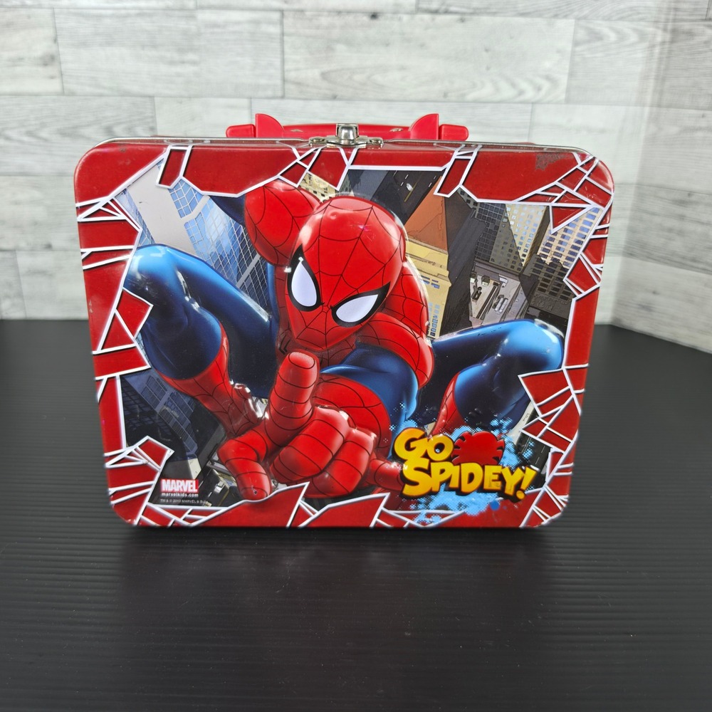 Marvel Spider-Man Go Spidey Embossed Metal Lunch Box Red Blue Tin 2013 Marvel